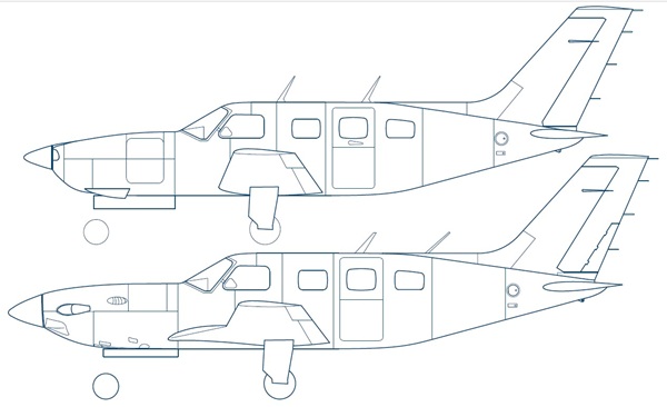 A black and white side-view engineering blueprint comparing two models of the Piper PA-46 aircraft, highlighting the visual differences between the piston-engine Malibu Mirage and the turboprop Malibu Meridian.