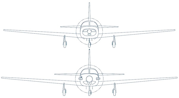 A black and white front-faced engineering blueprint comparing two models of the Piper PA-46 aircraft, highlighting the visual differences between the piston-engine Malibu Mirage and the turboprop Malibu Meridian.