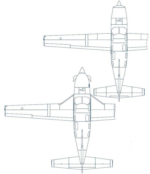 A black and white top-down engineering blueprint comparing two models of the Piper PA-46 aircraft, highlighting the visual differences between the piston-engine Malibu Mirage and the turboprop Malibu Meridian.