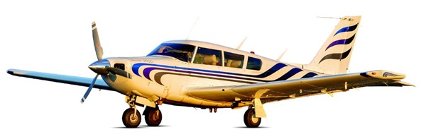 A white Piper PA-24-260 Comanche C aircraft with three dark and light blue stripes running along the fuselage and tail.