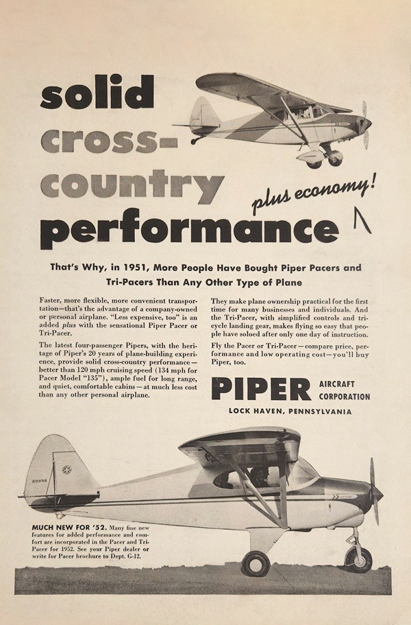 Vintage, black and white Piper Aircraft Corporation advertisement promoting short-wing aircraft with the headline, "solid cross-country performance," along with two Piper aircraft drawings.