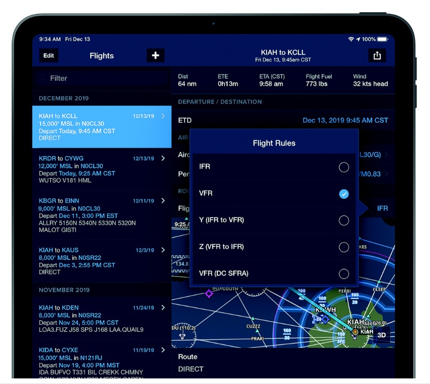 Someone to Watch Over Me A lighted blue display screen showing how to create a VFR flight plan, featuring an airport map and options for filters and flight rules.