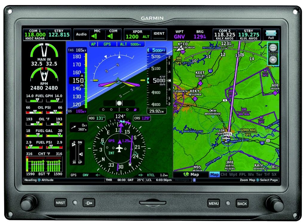 Close-up of a colorful green and blue lighted Garmin avionic display screen created for pilot instrumental panels.