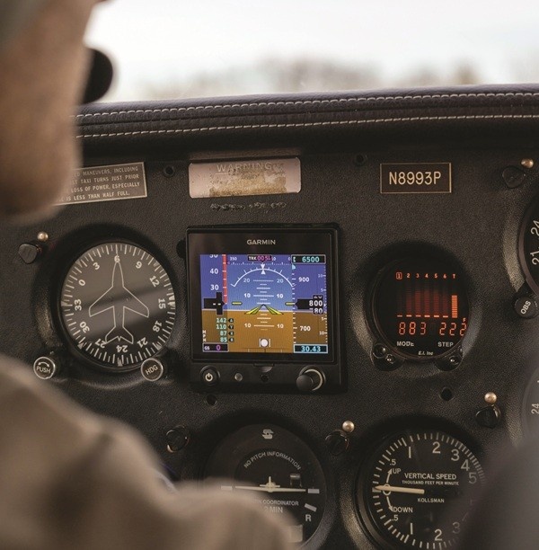 From Steam to Screen: Upgrading Your Piper’s Attitude Indicator Partial aircraft cockpit panel displaying pilot instruments, gauges, and lighted Garmin attitude indicator for Piper N8993P.