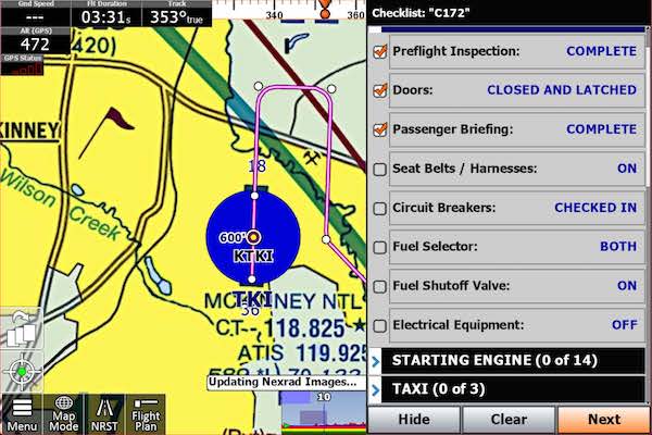 Adventure Pilot Announces iFly EFB 14.1 with Smarter Cockpit Tools and Expanded Flight Planning Features An iFly EFB version 14.1 yellow and grey screen displays an active navigation map over McKinney National Airport alongside a preflight checklist for a Cessna 172.