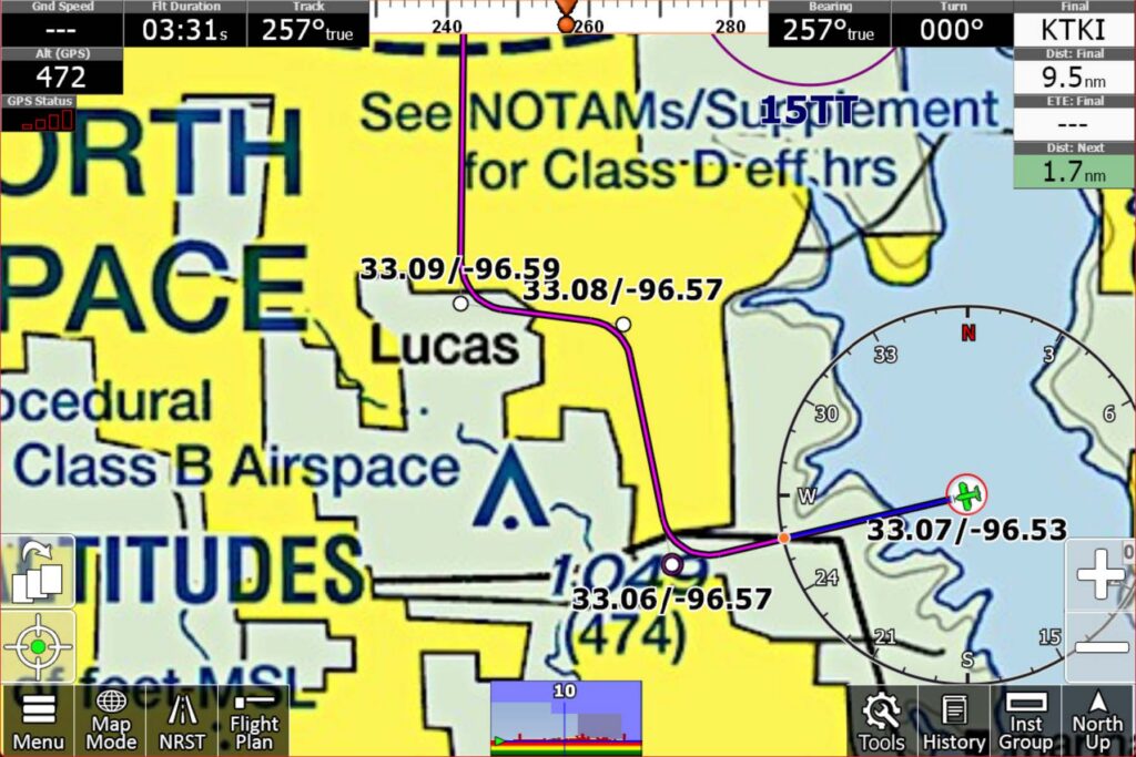 The iFly EFB version 14.1 navigation screen displays flight instruments, a compass rose, and an aviation sectional yellow and blue map showing Class B and Class D airspace details near Lucas.