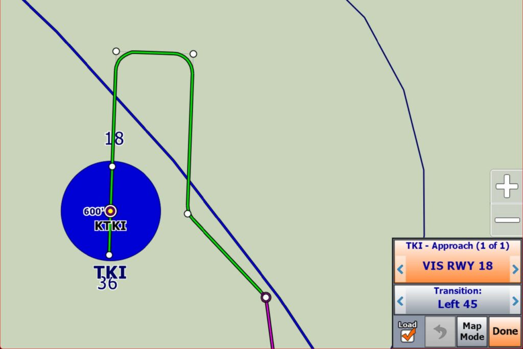An iFly EFB version 14.1 screen displays a green visual approach procedure map for Runway 18 at McKinney National Airport (KTKI) with a Left 45 transition selected.