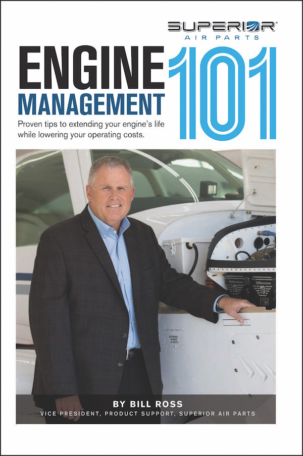 Book cover for Engine Management 101, featuring a title in black and blue font above a photograph of author Bill Ross wearing a dark business jacket and blue shirt while standing beside an aircraft.