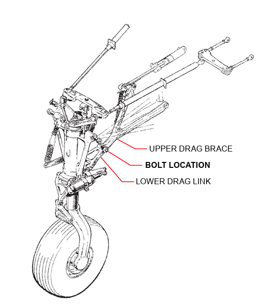 Service Bulletin 1156D, Nose Gear Drag Link Bolt Technical line drawing showing an aircraft nose landing gear assembly with red pointer lines identifying the upper drag brace, bolt location, and lower drag link.