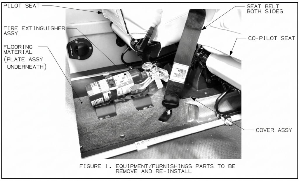 Service Bulletin 1429A, Trim Cable Pulley Relocation Interior view of an aircraft cabin showing equipment, including the pilot and co-pilot seats, seat belt, cover assembly, fire extinguisher, and flooring material.