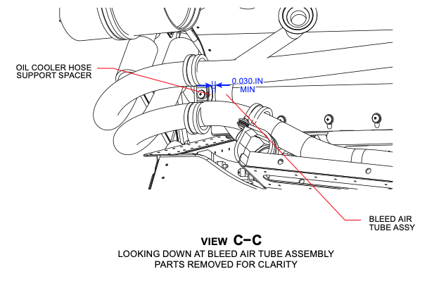 Service Letter 1360, Precooler Bracket Inspection Technical drawing, labeled VIEW C-C, displaying a top-down illustration detailing the specifications for an aircraft or engine bleed air tube assembly.